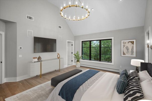 Bedroom, Interior, Pendant Lights, Wood Texture Flooring