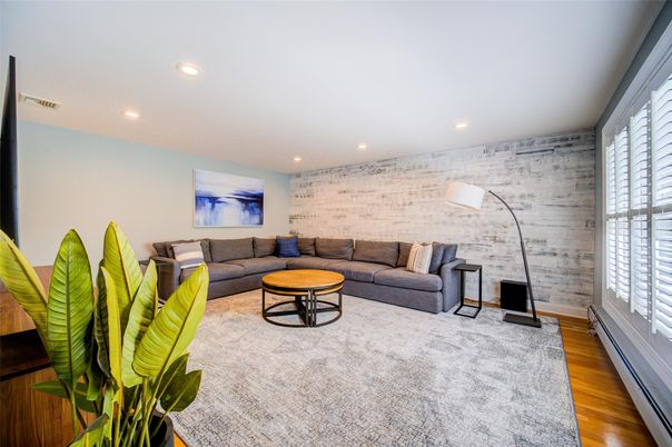 Interior, Living room, Recessed Lighting, Stone Walls, Wood Texture Flooring