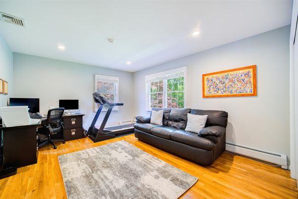 Fitness Equipment, Home Office, Interior, Recessed Lighting, Wood Texture Flooring