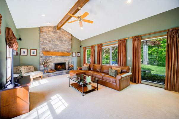 Fireplace, Interior, Living room, Recessed Lighting, Stone Walls, Wooden Beams