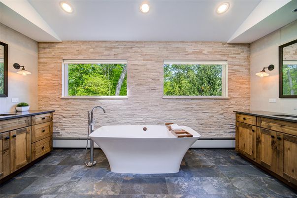 Bathroom, Dual Sink Vanities, Free Standing Baths, Interior, Recessed Lighting, Stone Walls