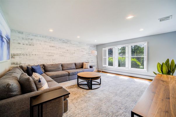 Interior, Living room, Recessed Lighting, Stone Walls, Wood Texture Flooring