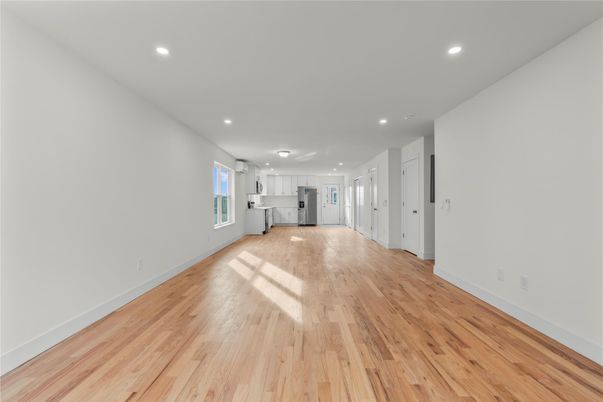 Empty room, Interior, Kitchen, Recessed Lighting, Wood Texture Flooring