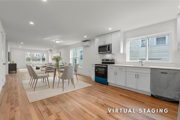 Dining room, Interior, Kitchen, Recessed Lighting, Stainless Steel Appliances, Wood Texture Flooring