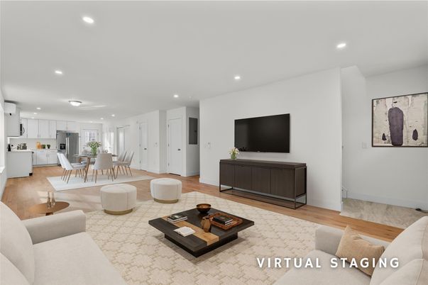 Dining room, Interior, Kitchen, Living room, Recessed Lighting, Wood Texture Flooring