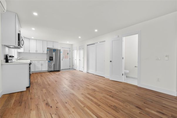 Interior, Kitchen, Recessed Lighting, Stainless Steel Appliances, Wood Texture Flooring