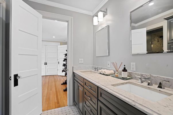 Bathroom, Dual Sink Vanities, Interior, Recessed Lighting, Wood Texture Flooring