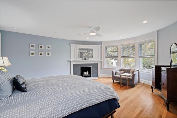 Bedroom, Fireplace, Interior, Recessed Lighting, Wood Texture Flooring