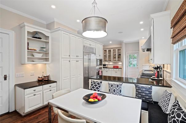 Dining room, Interior, Kitchen, Recessed Lighting, Stainless Steel Appliances, Wood Texture Flooring