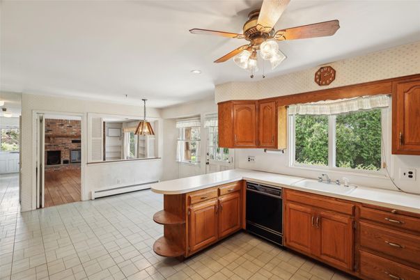 Fireplace, Interior, Kitchen, Pendant Lights, Stone Walls