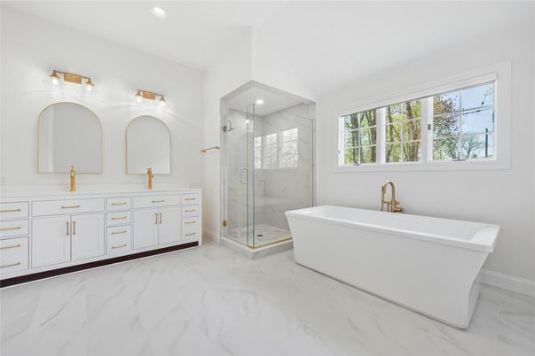 Bathroom, Free Standing Baths, Glass Shower, Interior, Marble, Marble Walls, Recessed Lighting