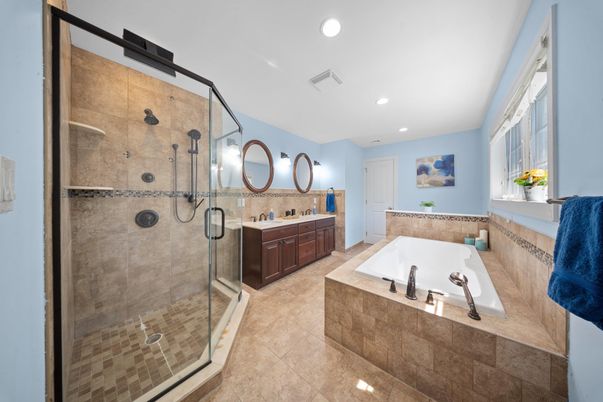 Bathroom, Dual Sink Vanities, Glass Shower, Interior, Recessed Lighting