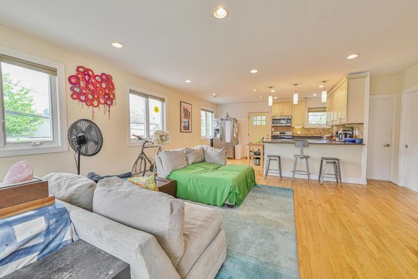 Interior, Kitchen, Living room, Pendant Lights, Recessed Lighting, Stainless Steel Appliances, Wood Texture Flooring