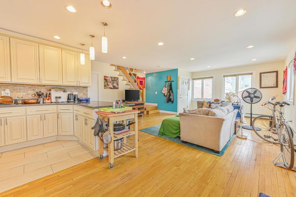 Interior, Kitchen, Living room, Pendant Lights, Recessed Lighting, Wood Texture Flooring