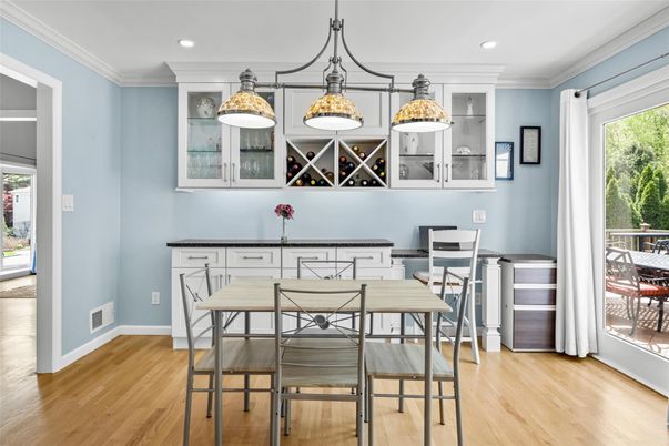Dining room, Interior, Pendant Lights, Recessed Lighting, Wood Texture Flooring