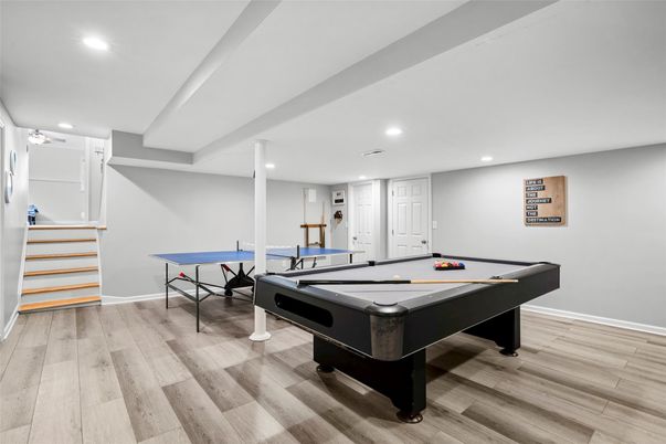 Billiard Table, Game Room, Interior, Recessed Lighting, Wood Texture Flooring