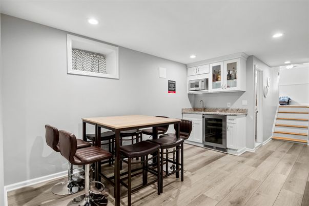 Dining room, Interior, Recessed Lighting, Wood Texture Flooring