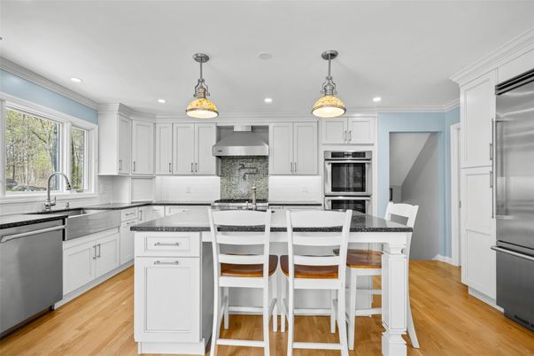 Interior, Kitchen, Pendant Lights, Recessed Lighting, Stainless Steel Appliances, Wood Texture Flooring