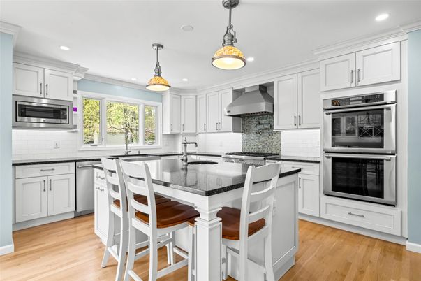 Interior, Kitchen, Pendant Lights, Recessed Lighting, Stainless Steel Appliances, Wood Texture Flooring