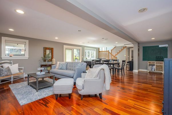 Dining room, Interior, Living room, Recessed Lighting, Wood Texture Flooring