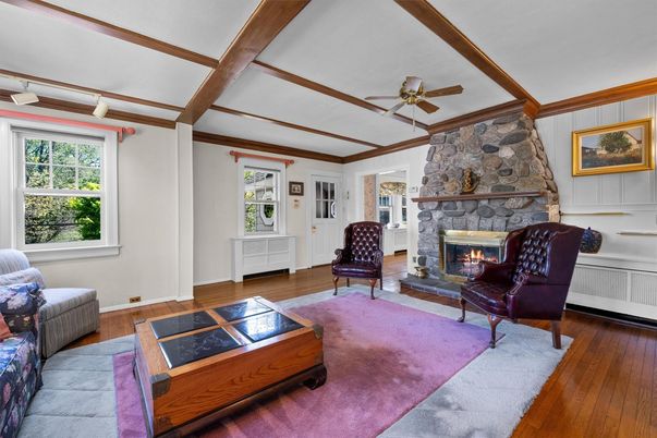 Fireplace, Interior, Stone Walls, Wooden Beams, Wood Texture Flooring