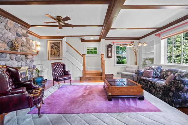 Fireplace, Interior, Living room, Recessed Lighting, Stone Walls, Wooden Beams