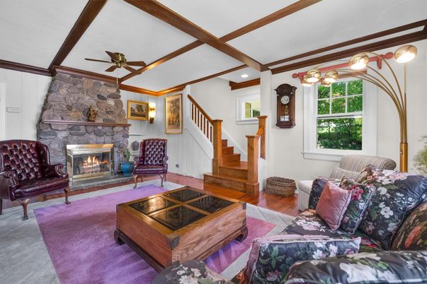 Fireplace, Interior, Living room, Recessed Lighting, Stone Walls, Wooden Beams