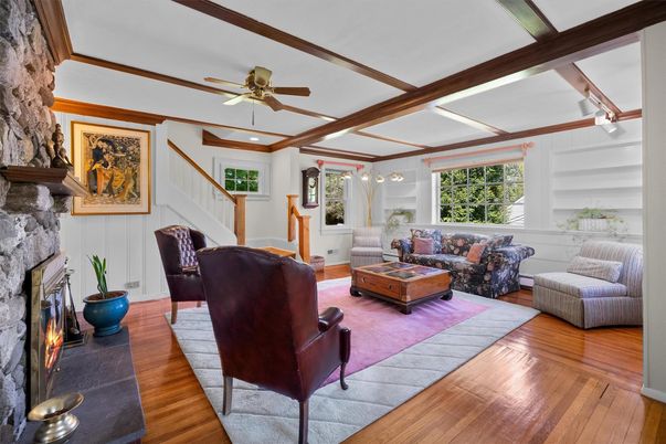 Fireplace, Interior, Living room, Recessed Lighting, Wooden Beams, Wood Texture Flooring