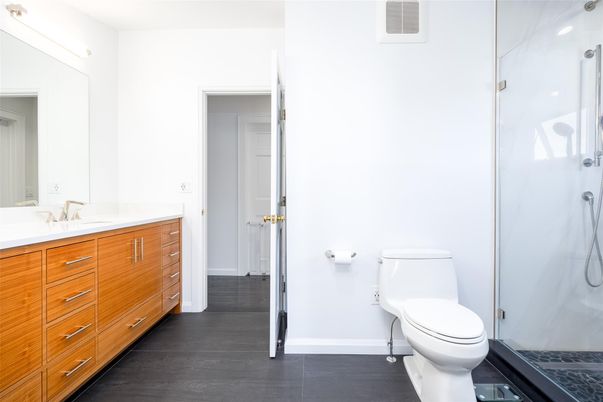 Bathroom, Glass Shower, Interior, Wood Texture Flooring