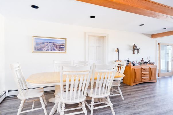 Dining room, Interior, Recessed Lighting, Wooden Beams, Wood Texture Flooring