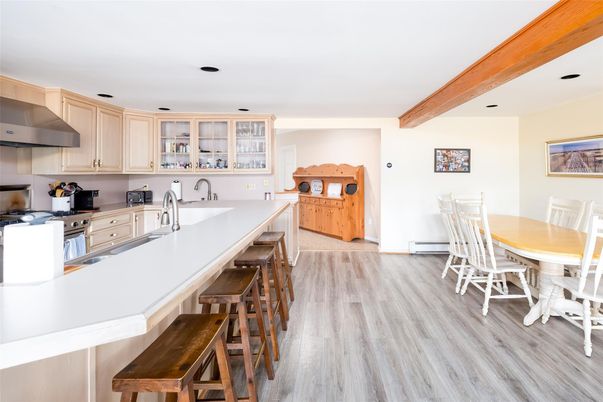 Dining room, Interior, Kitchen, Recessed Lighting, Wooden Beams, Wood Texture Flooring