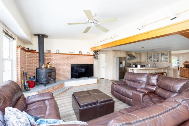 Fireplace, Interior, Kitchen, Living room, Stone Walls, Wood Texture Flooring
