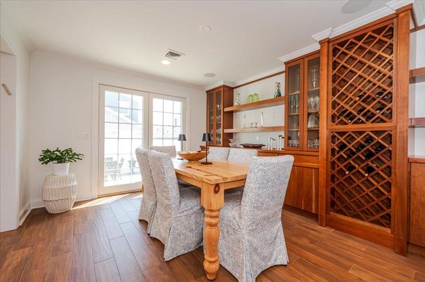 Dining room, Interior, Recessed Lighting, Wine Storage, Wood Texture Flooring