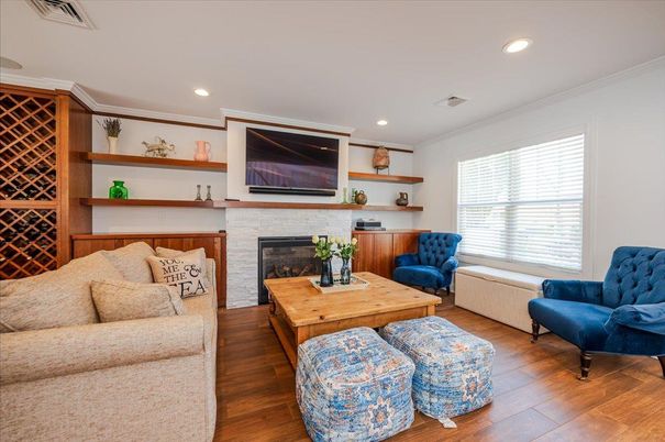 Fireplace, Interior, Living room, Recessed Lighting, Wood Texture Flooring