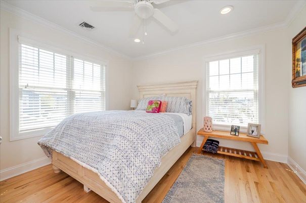 Bedroom, Interior, Recessed Lighting, Wood Texture Flooring