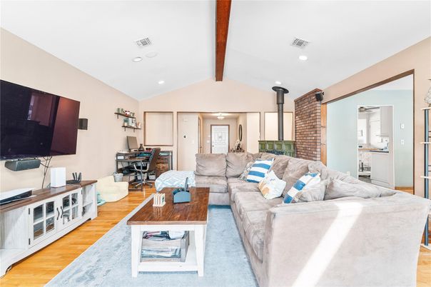 Home Office, Interior, Living room, Piano, Recessed Lighting, Stone Walls, Wooden Beams, Wood Texture Flooring