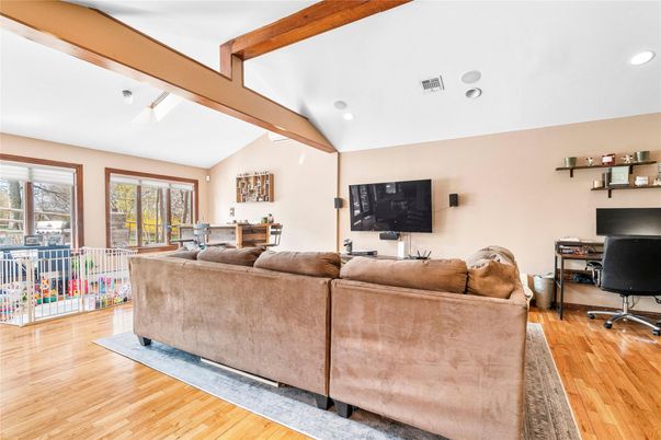 Interior, Living room, Recessed Lighting, Wooden Beams, Wood Texture Flooring