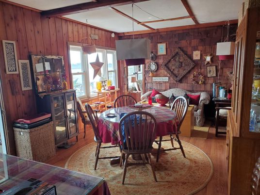 Dining room, Interior, Pendant Lights, Wood Texture Flooring, Wooden Walls