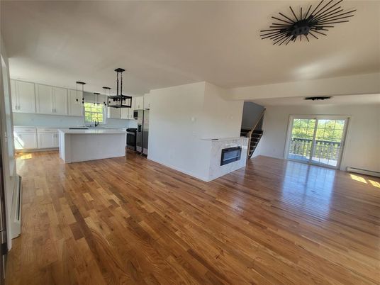 Fireplace, Interior, Kitchen, Pendant Lights, Wood Texture Flooring