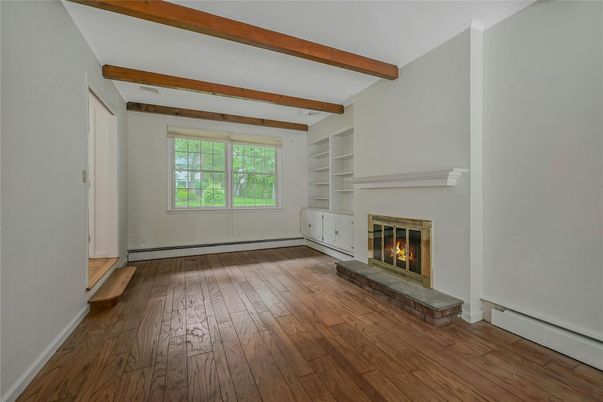 Empty room, Fireplace, Interior, Wooden Beams, Wood Texture Flooring