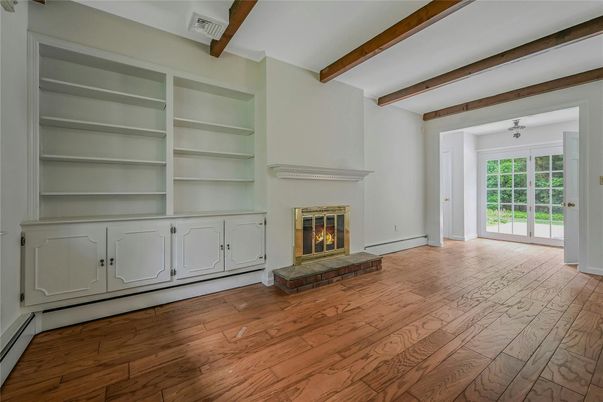 Empty room, Fireplace, Interior, Wooden Beams, Wood Texture Flooring