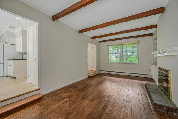 Empty room, Fireplace, Interior, Wooden Beams, Wood Texture Flooring
