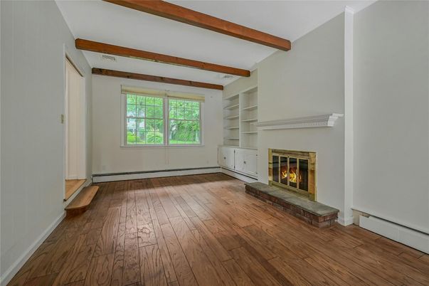 Empty room, Fireplace, Interior, Wooden Beams, Wood Texture Flooring