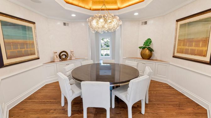 Dining room, Interior, Pendant Lights, Recessed Lighting, Wood Texture Flooring