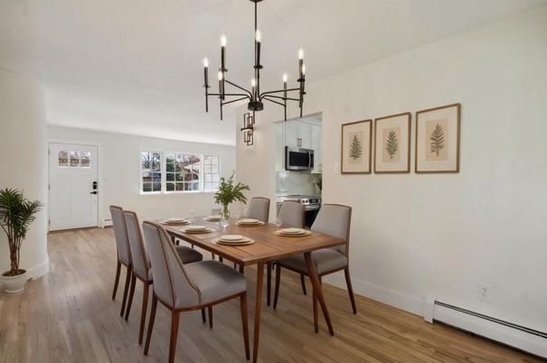 Chandelier, Dining room, Interior, Pendant Lights, Wood Texture Flooring