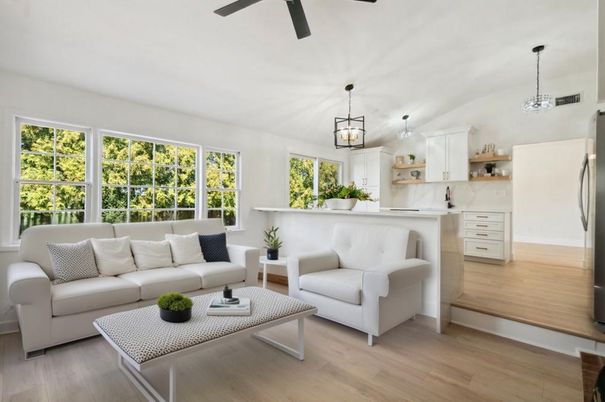 Interior, Kitchen, Living room, Pendant Lights, Wood Texture Flooring