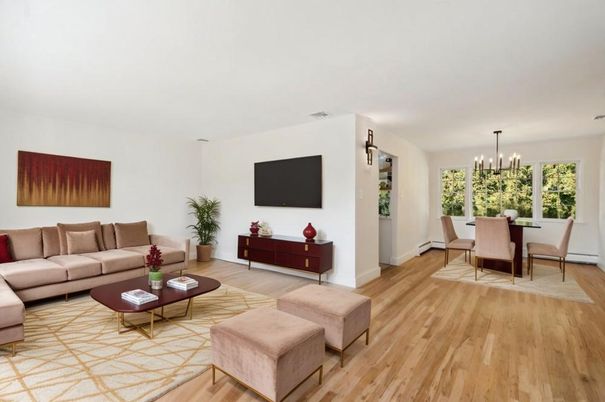 Dining room, Interior, Living room, Pendant Lights, Wood Texture Flooring