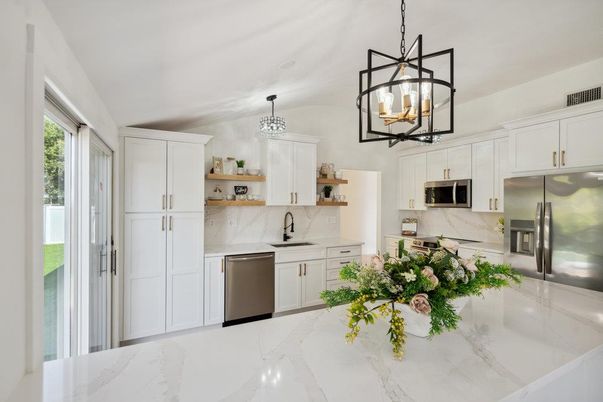 Interior, Kitchen, Marble, Pendant Lights, Stainless Steel Appliances