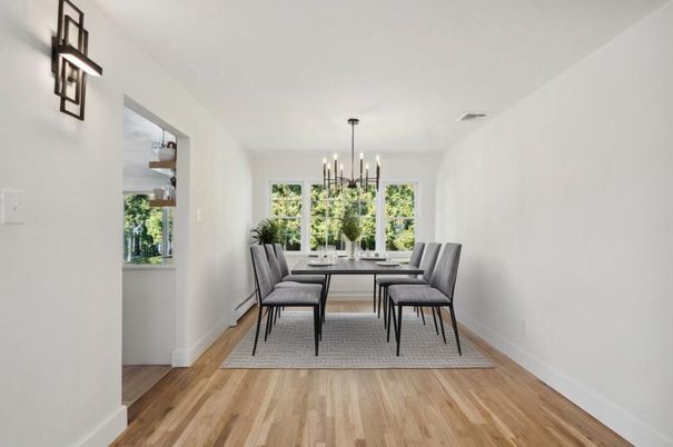 Dining room, Interior, Pendant Lights, Wood Texture Flooring