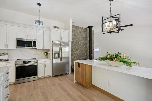 Interior, Kitchen, Pendant Lights, Stainless Steel Appliances, Wood Texture Flooring